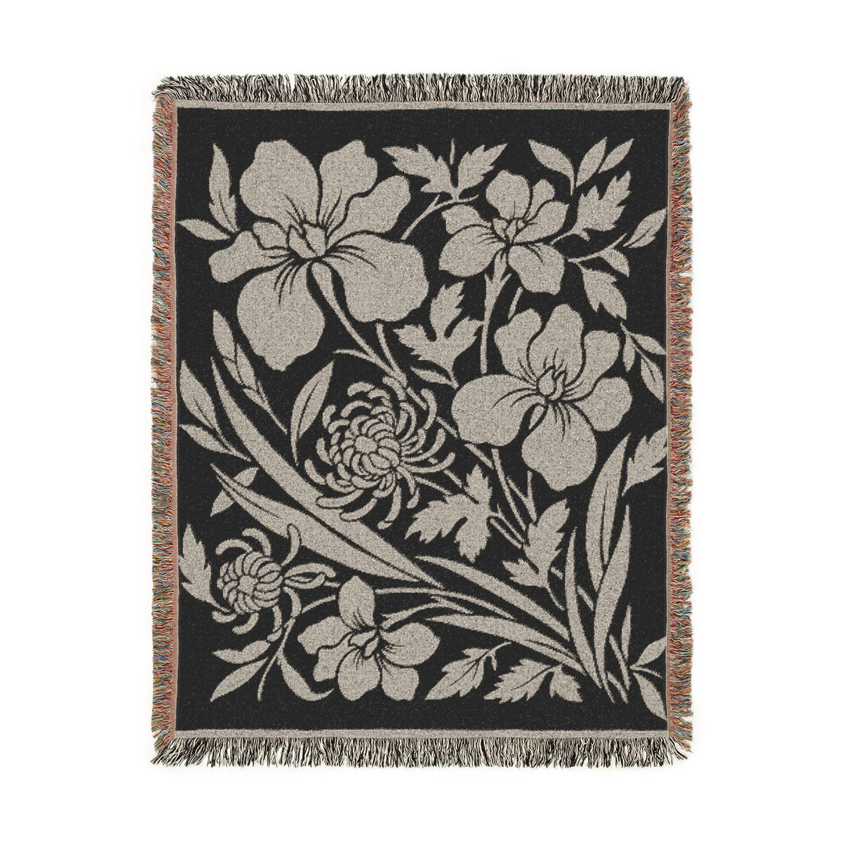 Neutral Japanese-Inspired Midnight Botanicals Floral Pattern Woven Blanket | Botanical Throw, Fringe Edge