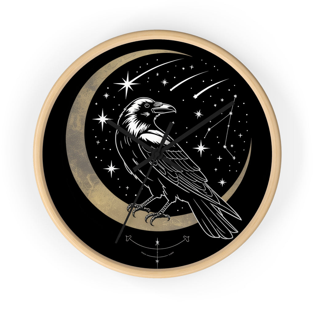 Raven Crescent Moon Wall Clock | Gothic Celestial Stars, Witchy Dark Academia