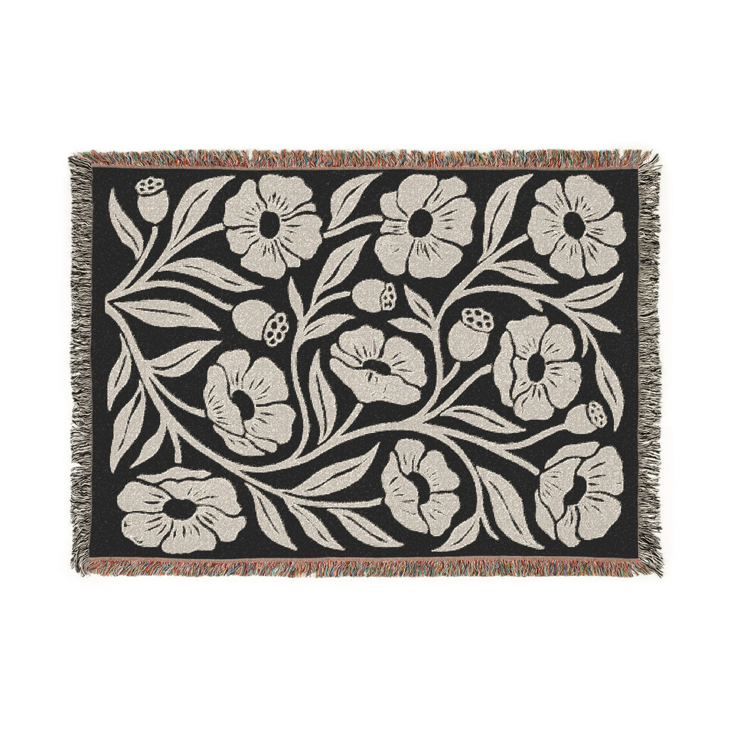 Black & Cream Oversized Poppy Woven Blanket | Floral Throw