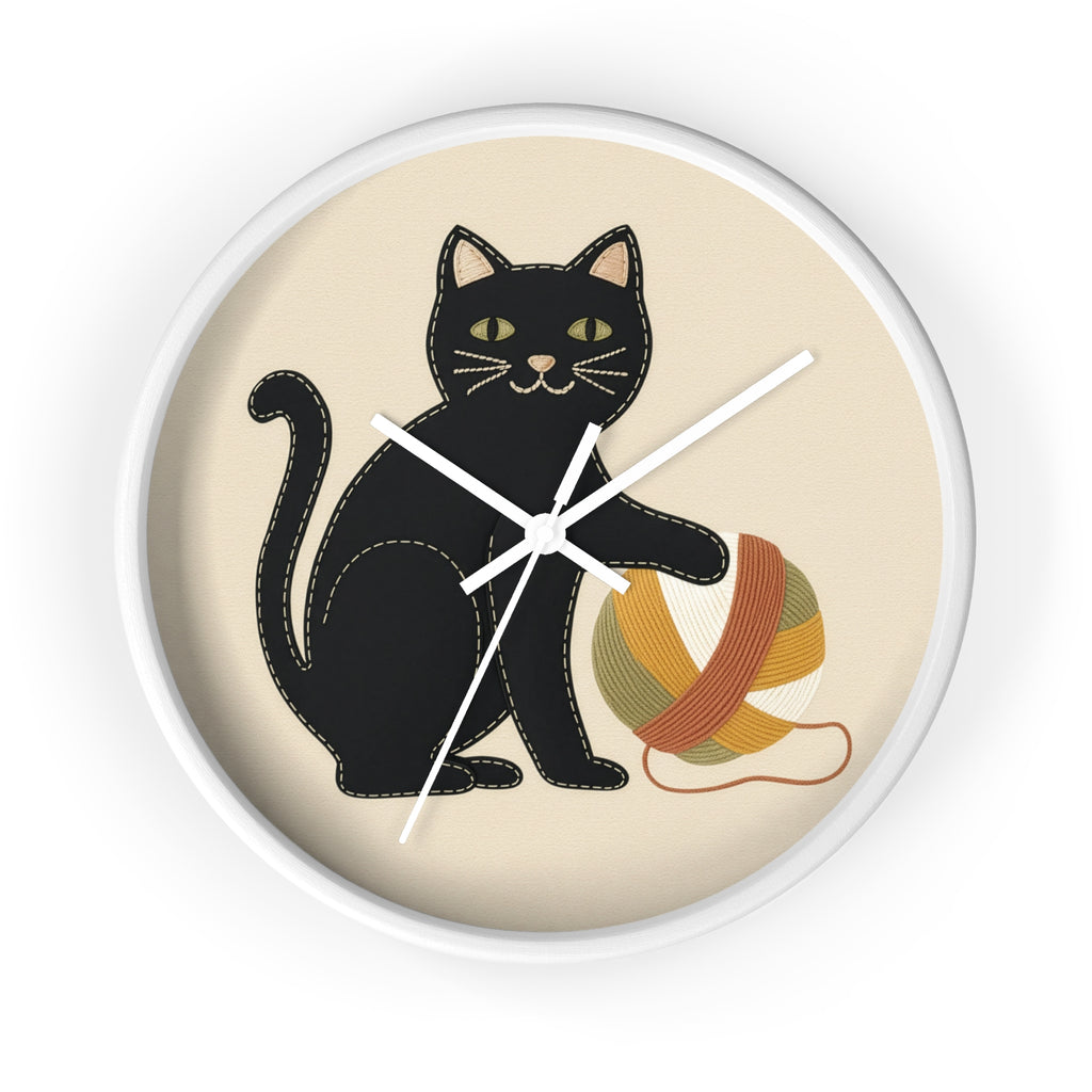 Black Cat Yarn Wall Clock, Modern Minimalist Cat Decor, Knitting & Crochet Lover Gift, Playful Nursery or Craft Room Clock