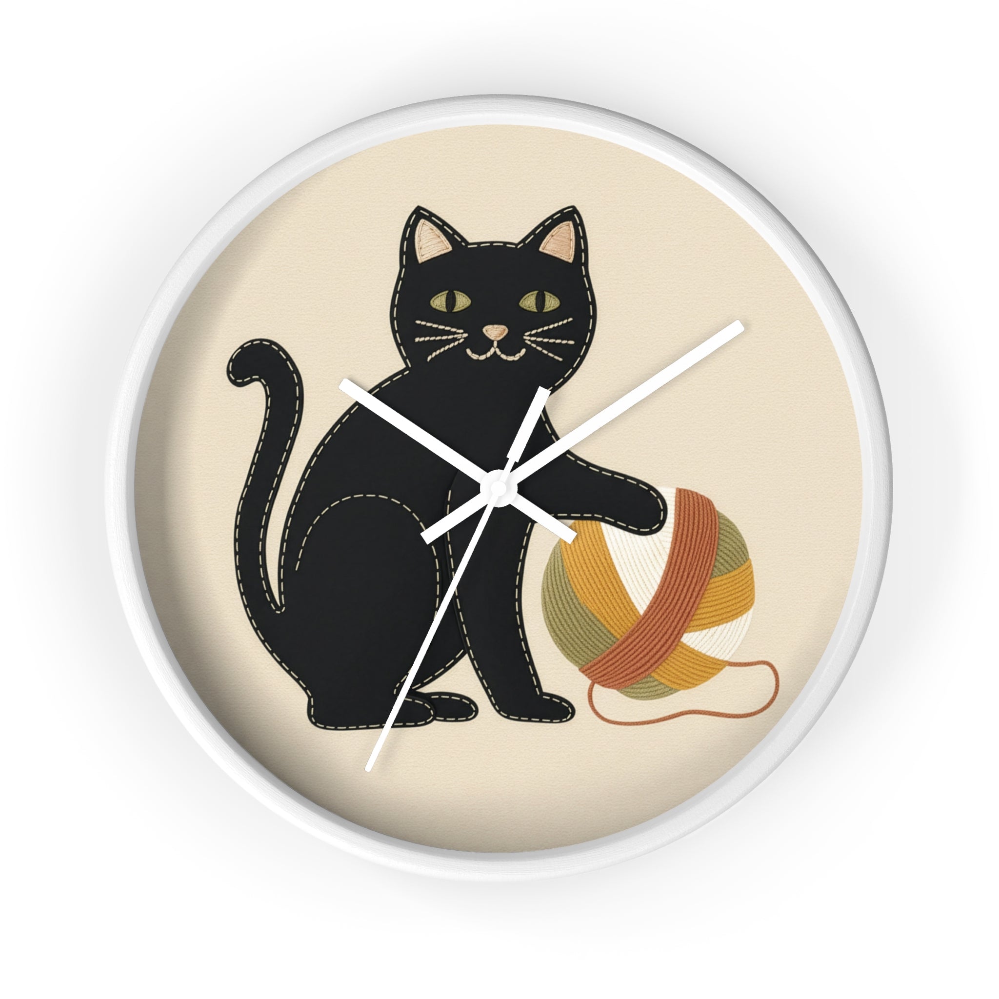 Black Cat Yarn Wall Clock, Modern Minimalist Cat Decor, Knitting & Crochet Lover Gift, Playful Nursery or Craft Room Clock