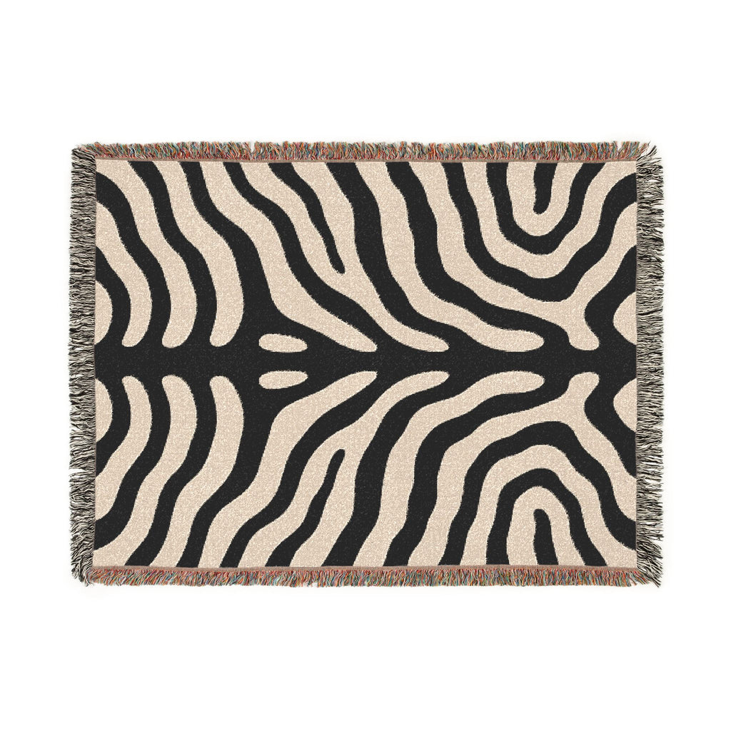 Zebra-hide pattern cotton woven throw with multicolored fringe