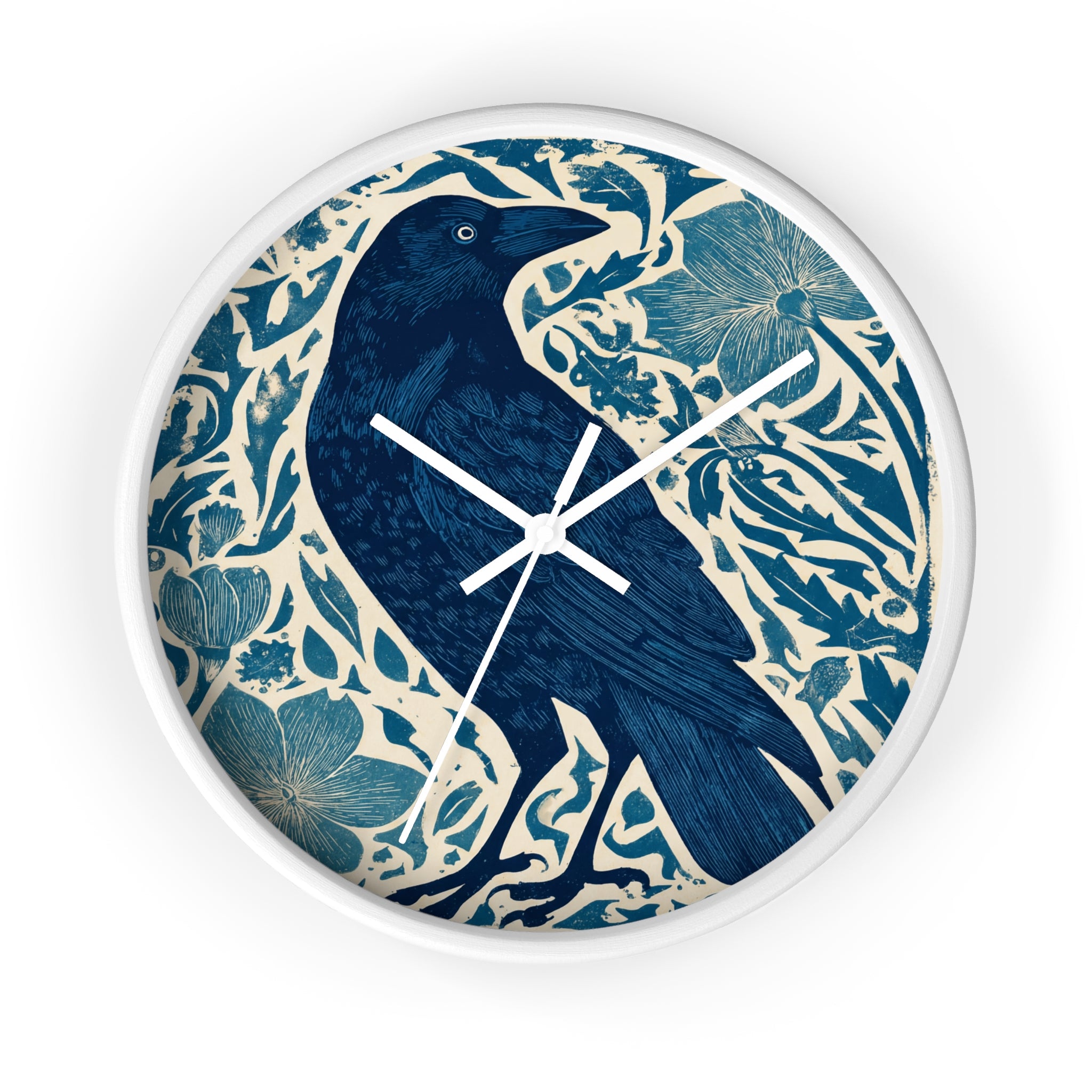 Linocut Raven Floral Wall Clock | Woodblock Style Vine Pattern