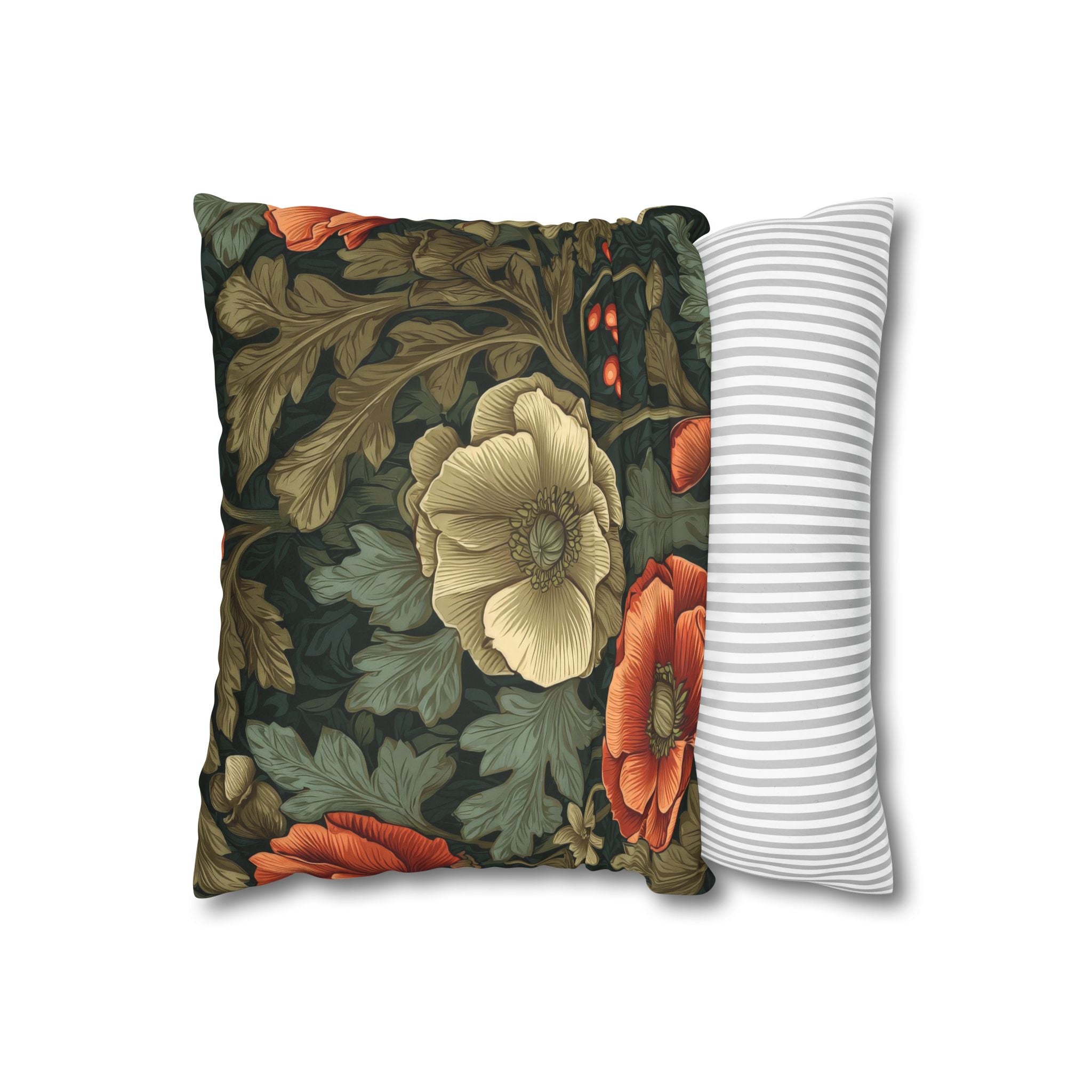William Morris Inspired Poppy Garden Faux Suede Square Pillowcase
