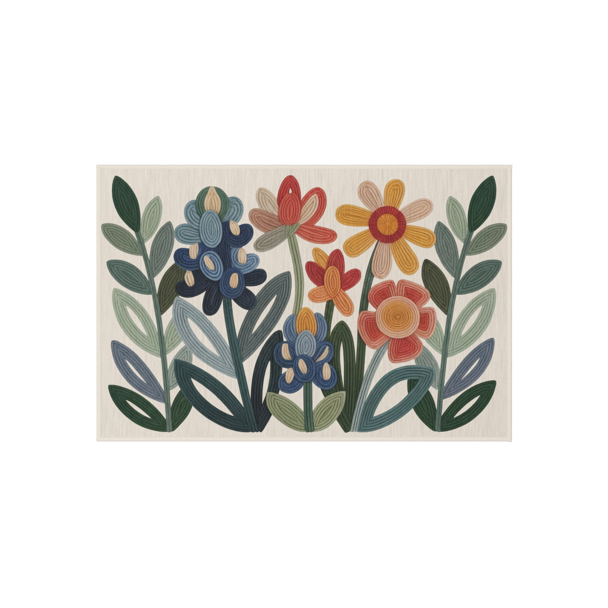 Wildflower outdoor rug with bluebonnets and Indian blanket flowers