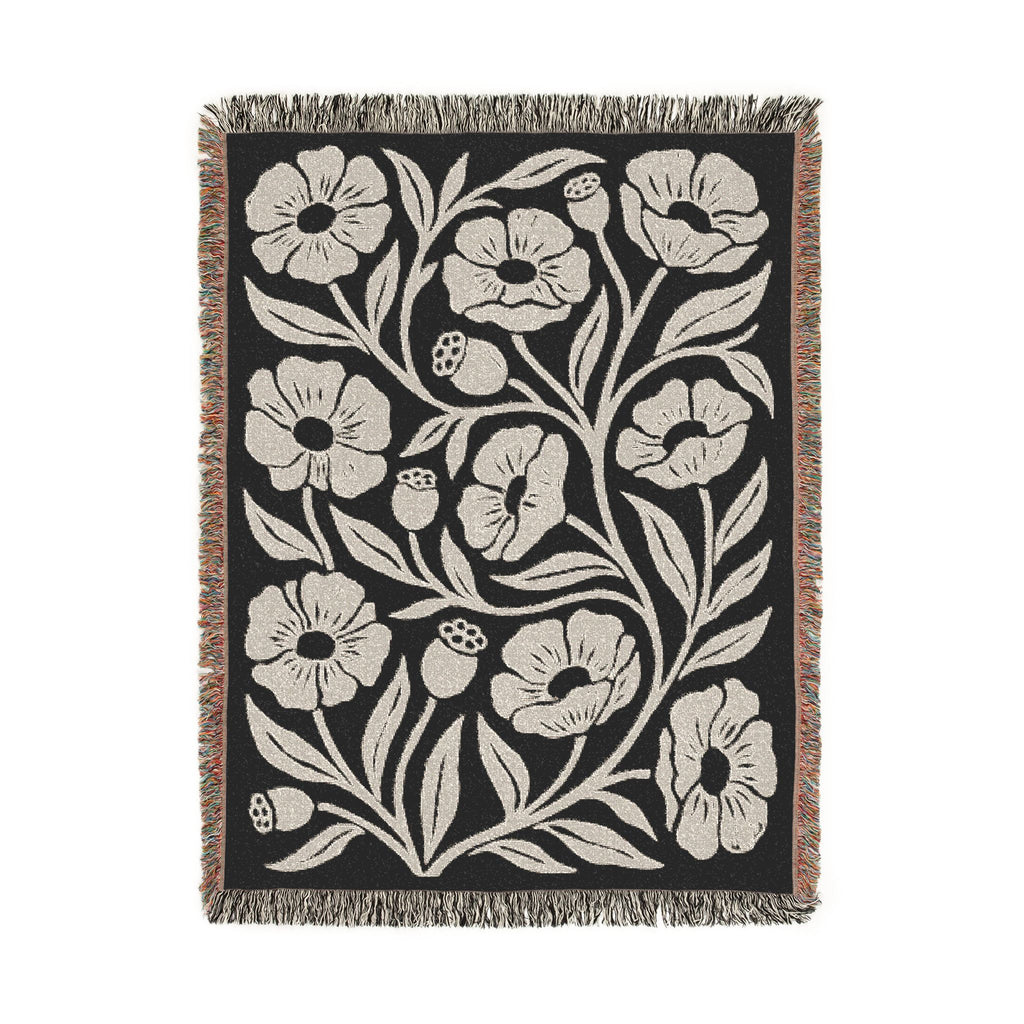 Black and cream floral vine cotton woven blanket with fringe