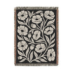 Black and cream floral vine cotton woven blanket with fringe