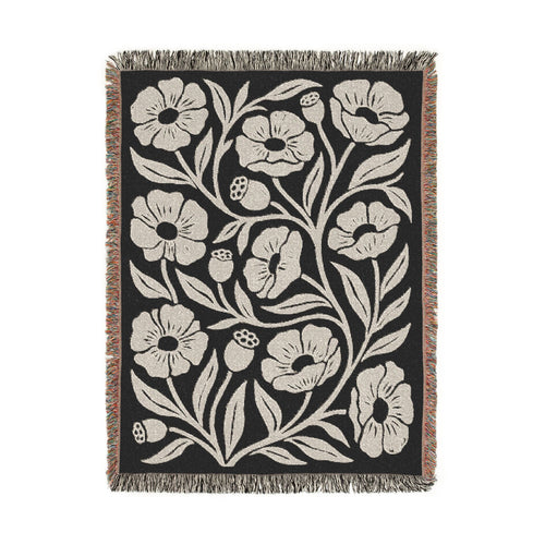 Black and cream floral vine cotton woven blanket with fringe