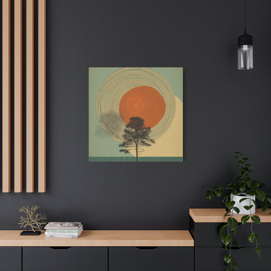 Tree Ring Wall Art | Mid Century Wall Art | Abstract Canvas Of Sun And Tree Nature Landscape