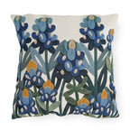 Texas bluebonnet outdoor pillow in navy, teal, cream and gold