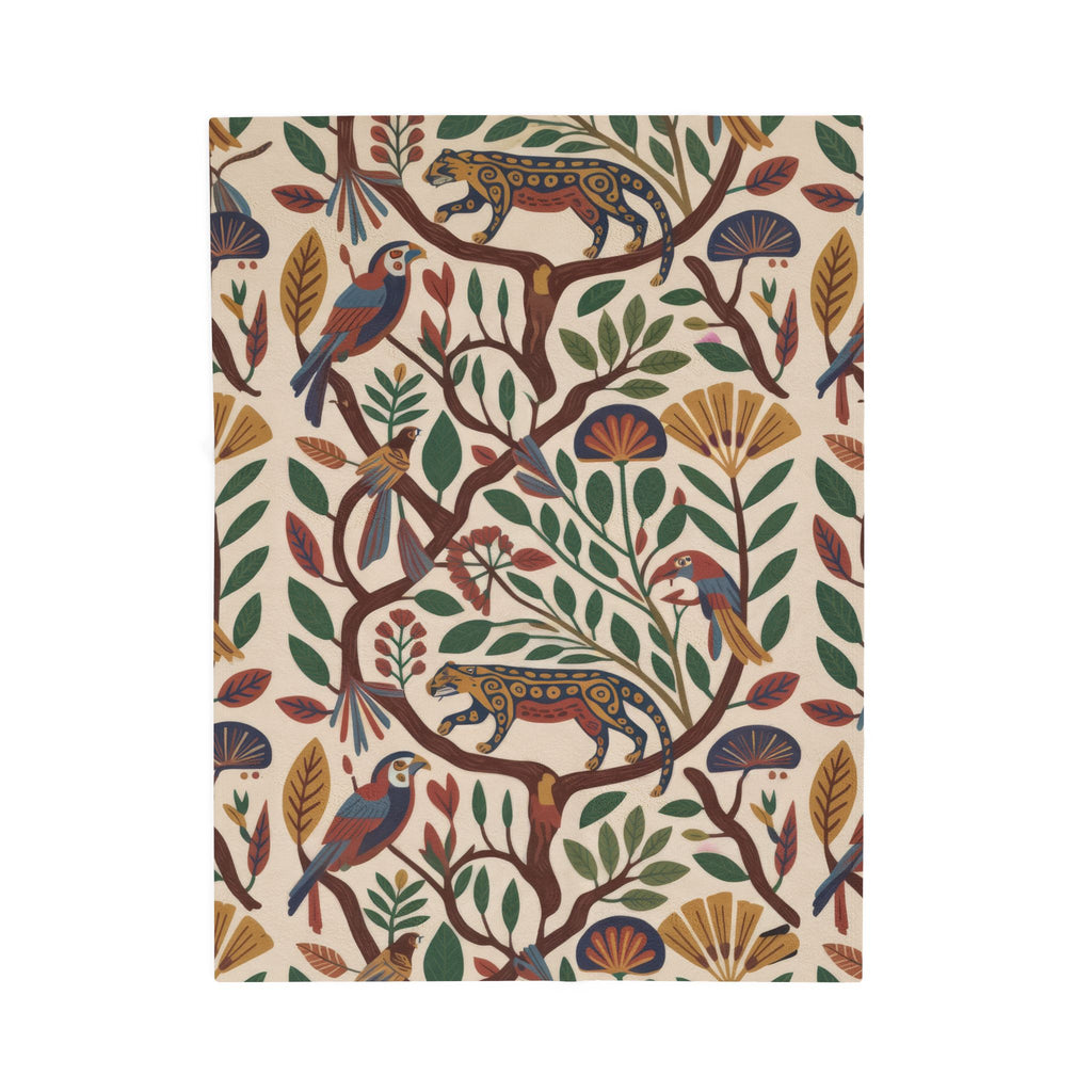Botanical jaguar and bird plush blanket in a large size