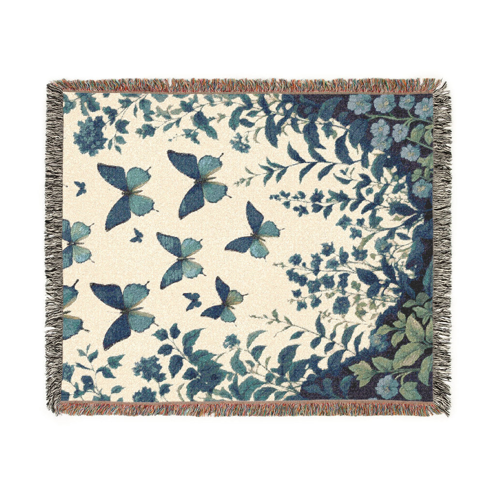 Blue Butterfly Botanical Woven Blanket | Cottagecore Throw