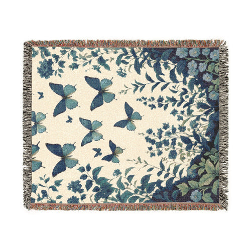 Butterfly Blanket | Woven Throw | Blue Botanical Cottagecore Decor