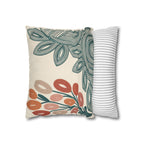 Mid Century Coral Teal Botanical Faux Suede Pillow Case | Modern Floral Decorative Accent