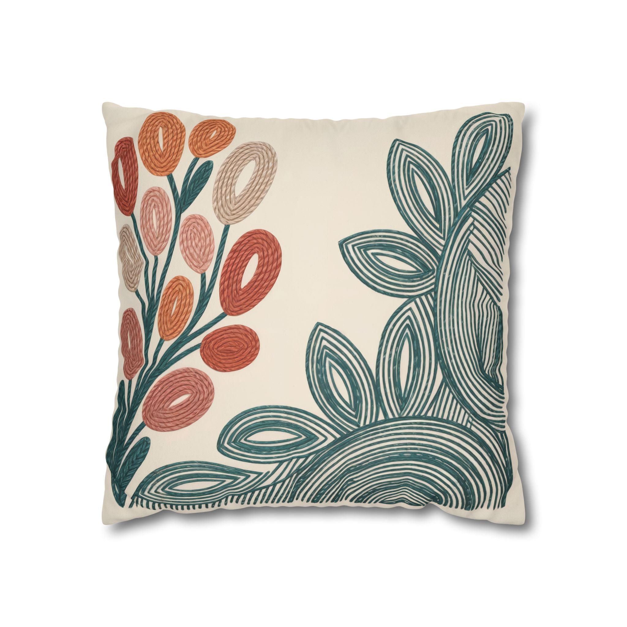 Mid Century Coral Teal Botanical Faux Suede Pillow Case | Modern Floral Decorative Accent