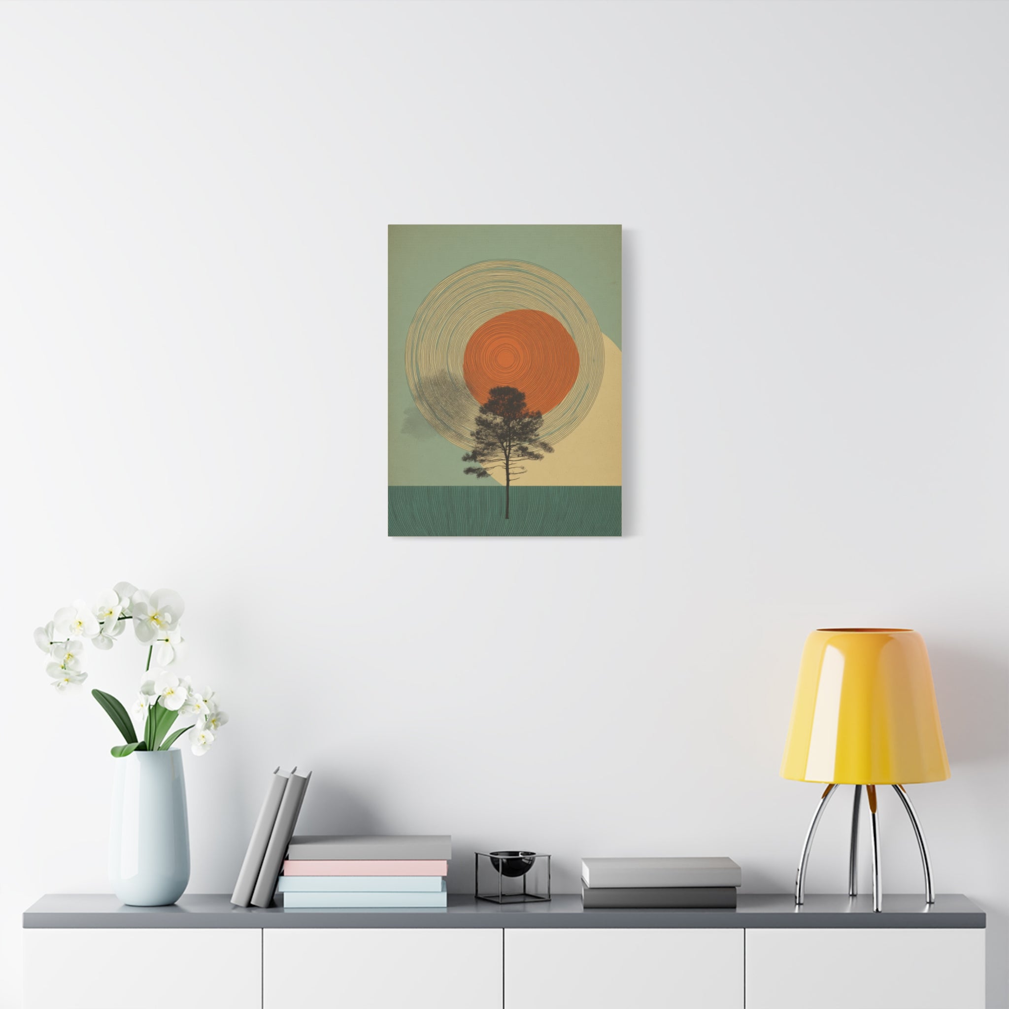 Tree Ring Wall Art | Mid Century Wall Art | Abstract Canvas Of Sun And Tree Nature Landscape