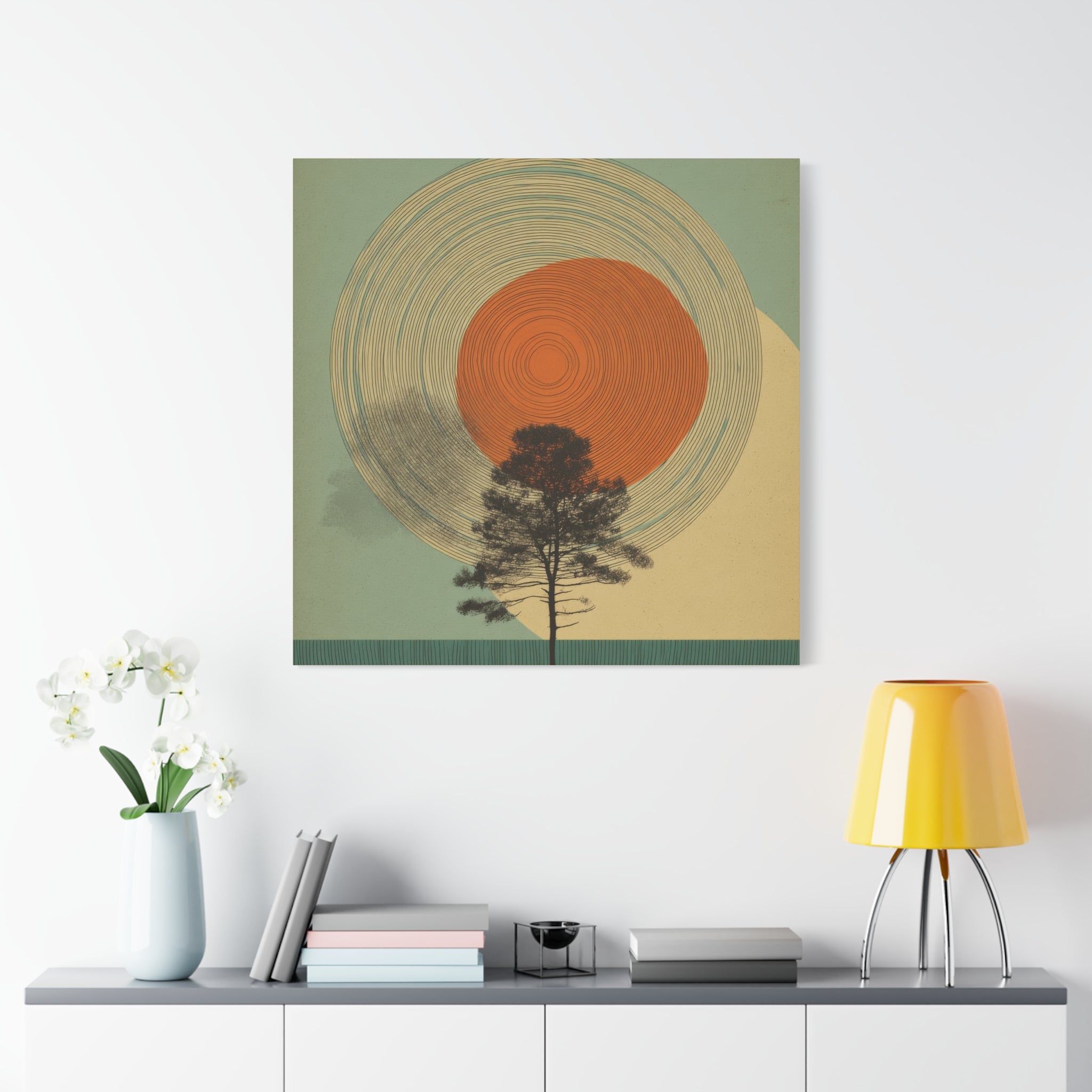Tree Ring Wall Art | Mid Century Wall Art | Abstract Canvas Of Sun And Tree Nature Landscape