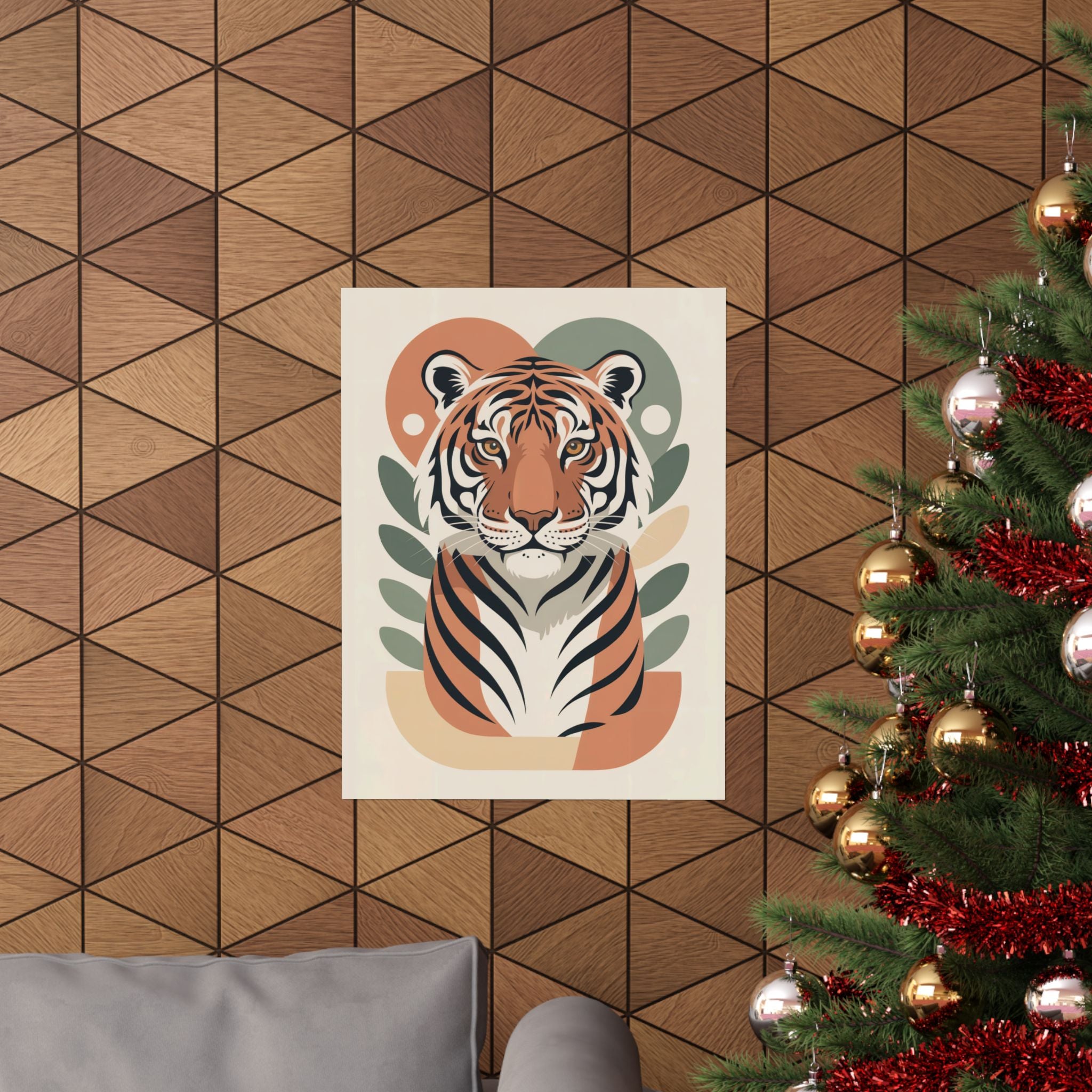Mid-Century Tiger Poster | Retro Clay Orange, Sage Green Wall Art