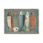 Teal Folk Fish Woven Blanket | Vintage Lodge-Style Throw