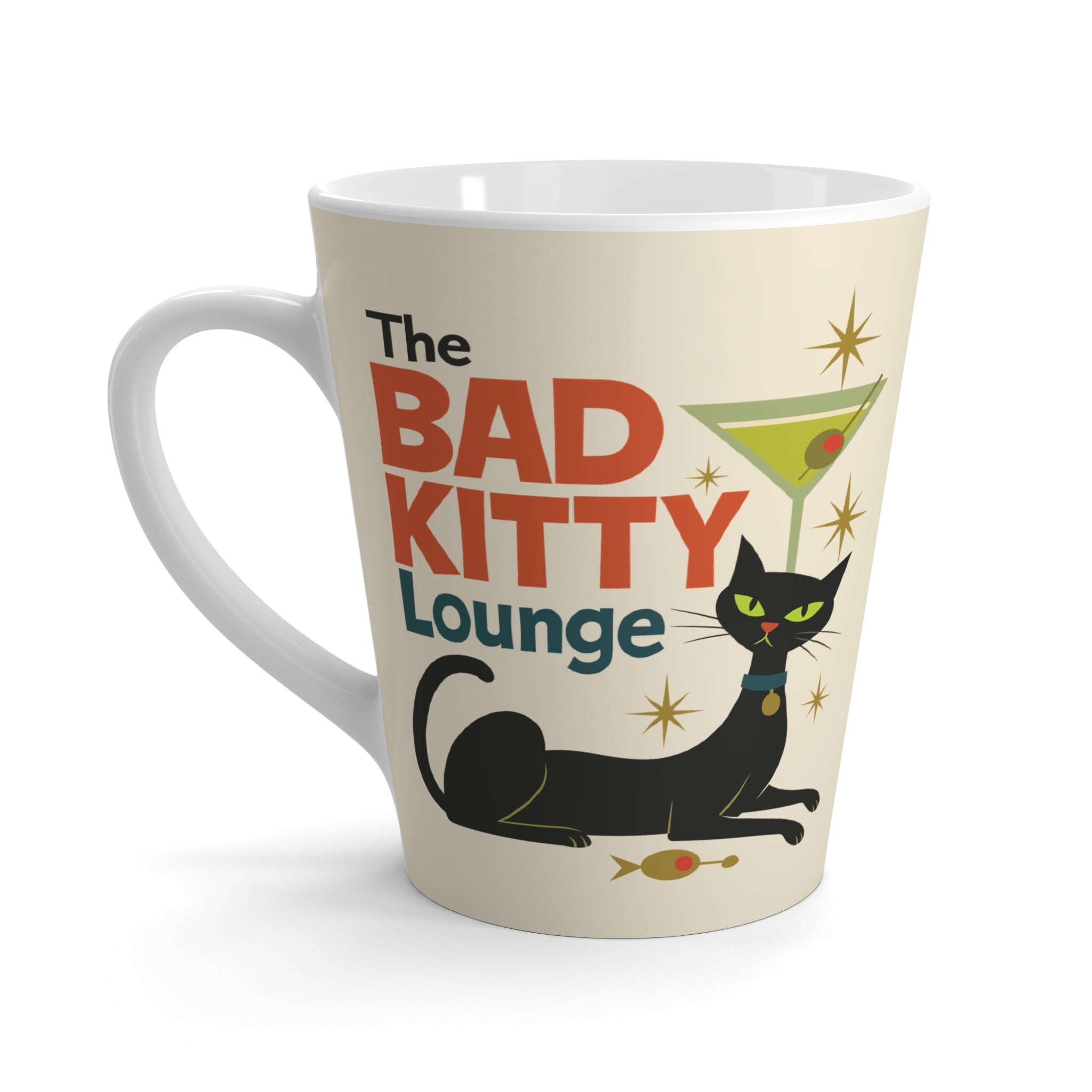 Retro Black Cat Coffee Mug | Bad Kitty Lounge | Martini Glass Mid Century Modern Cat Lover Cup 12oz Latte Mug Atomic Era Gift