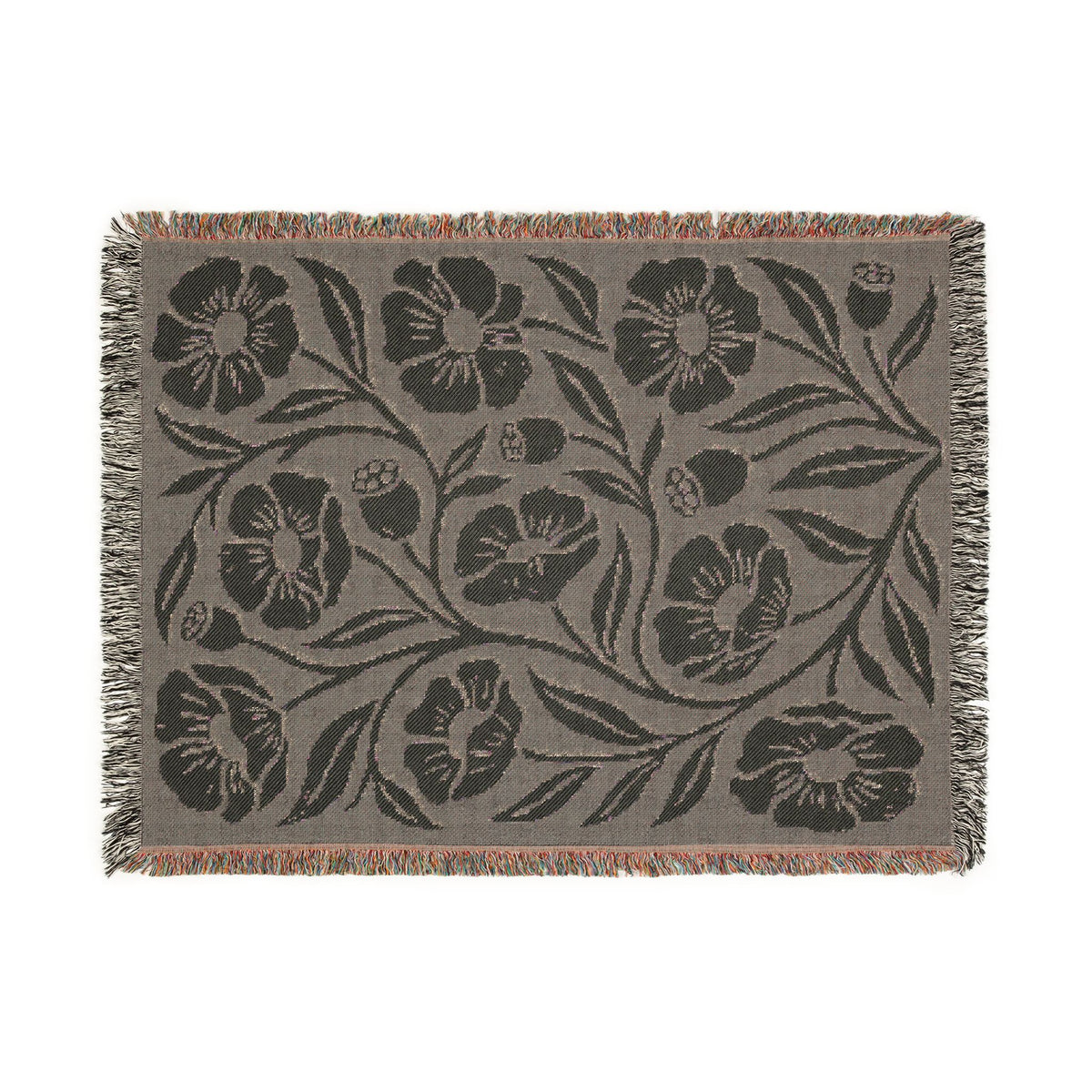 Botanical Floral Pattern Woven Blanket | Green Sage Cream Flower Throw