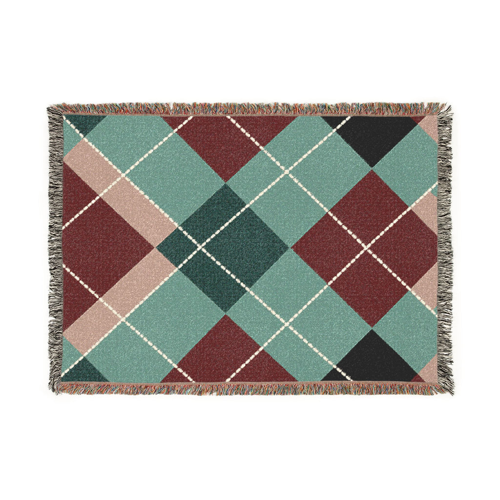 Teal Burgundy Argyle Woven Blanket | Geometric Plaid Throw