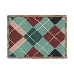 Teal Burgundy Argyle Woven Blanket | Geometric Plaid Throw