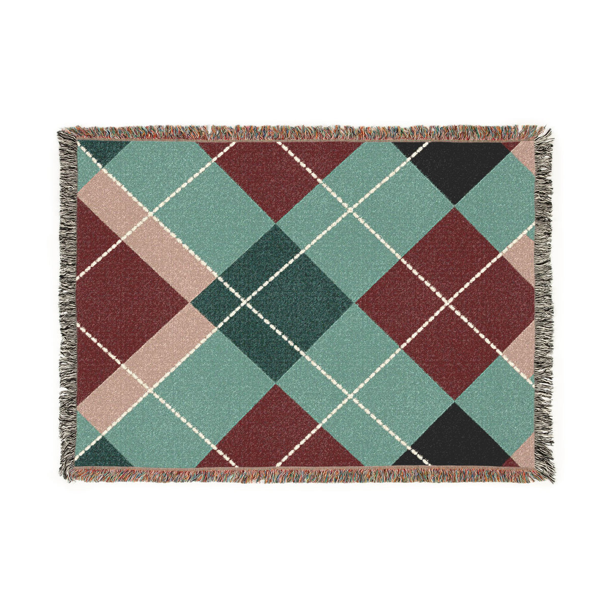 Teal Burgundy Argyle Woven Blanket | Geometric Plaid Throw