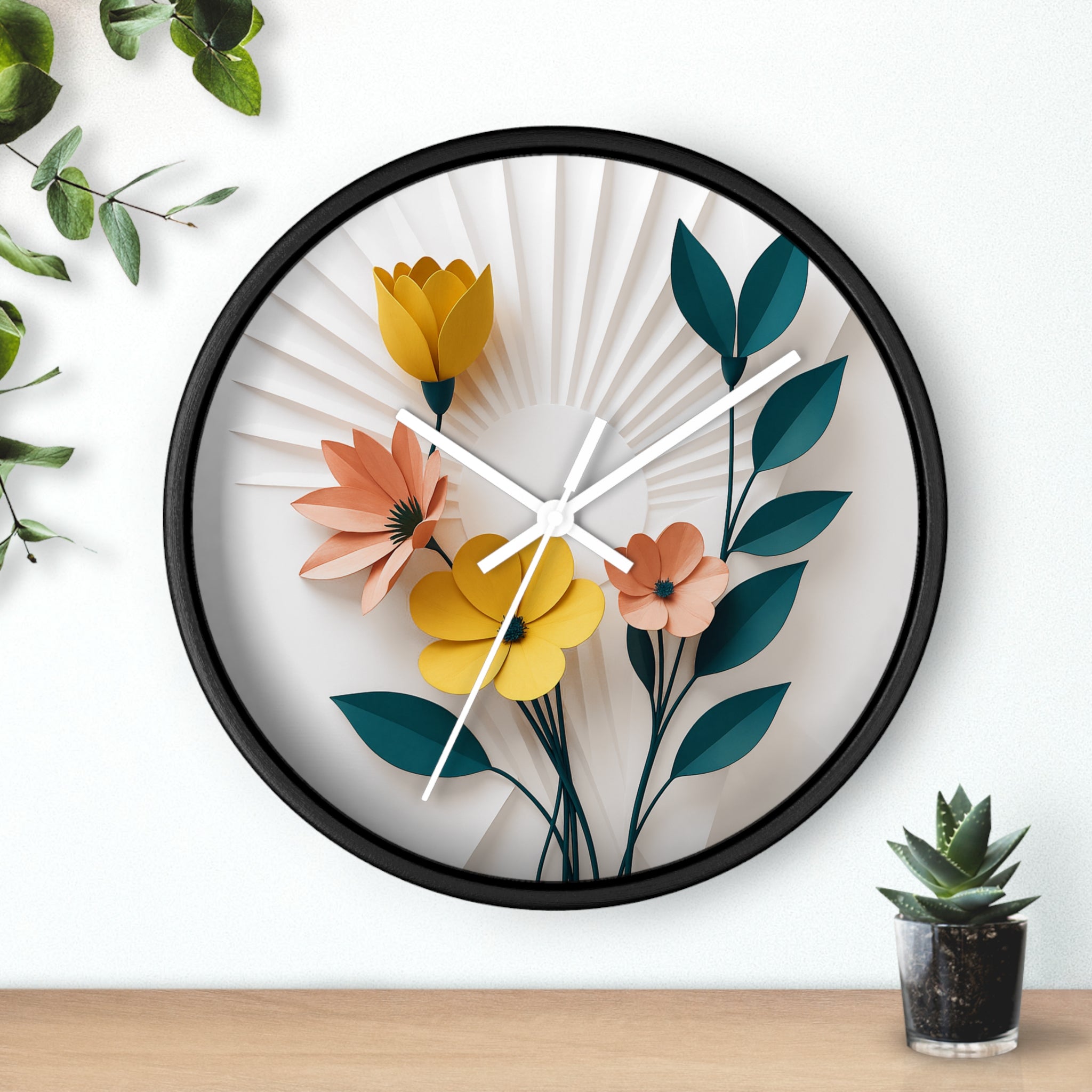Mid Century Modern Clock | Botanical 3D Paper Flower Art |  Layered Vintage Floral Decor