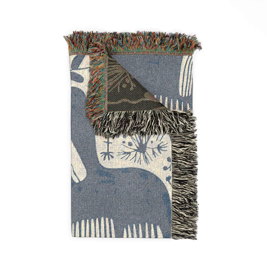 Scandinavian Horse Pattern Woven Blanket | Blue Cream Folk Art Tapestry