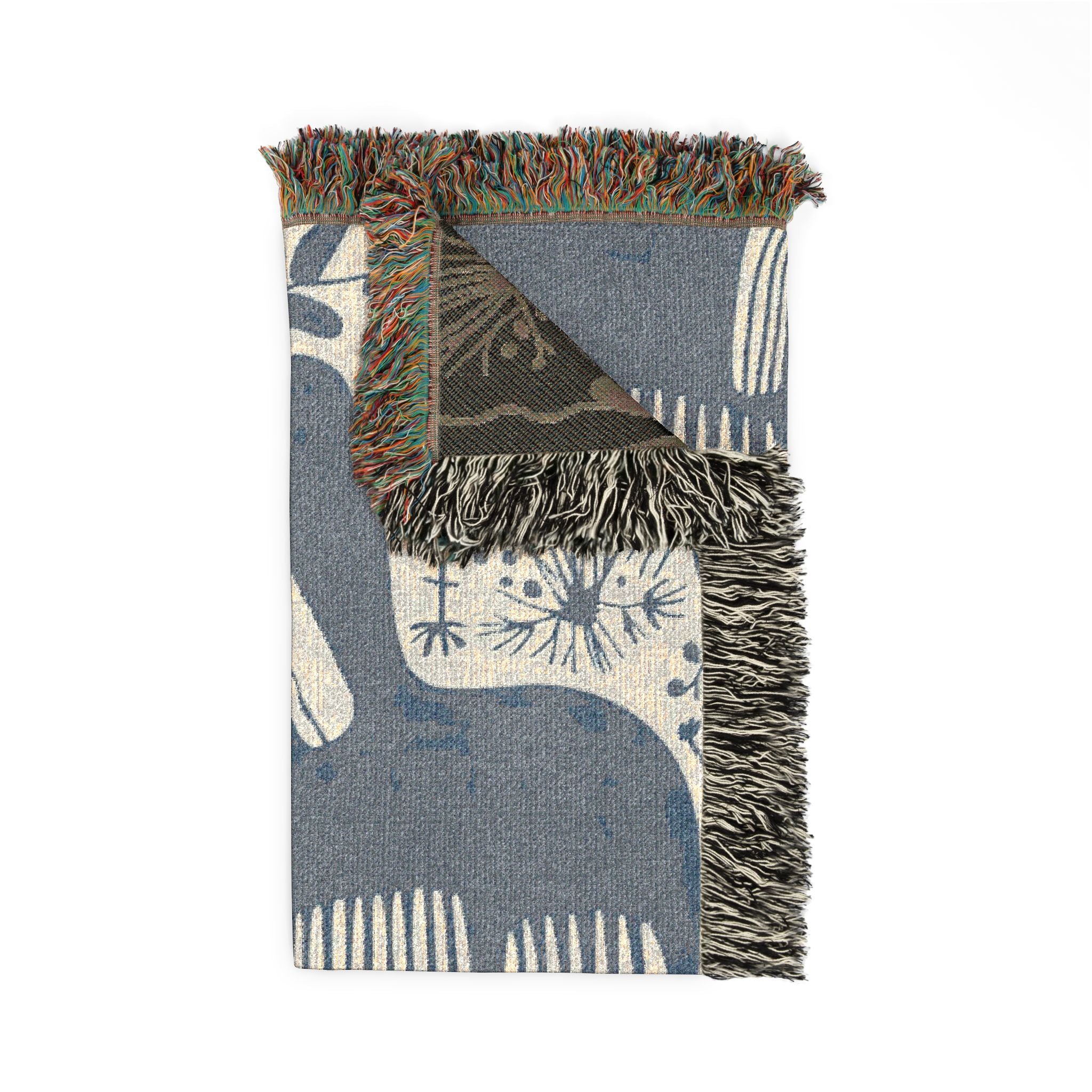 Scandinavian Horse Pattern Woven Blanket | Blue Cream Folk Art Tapestry