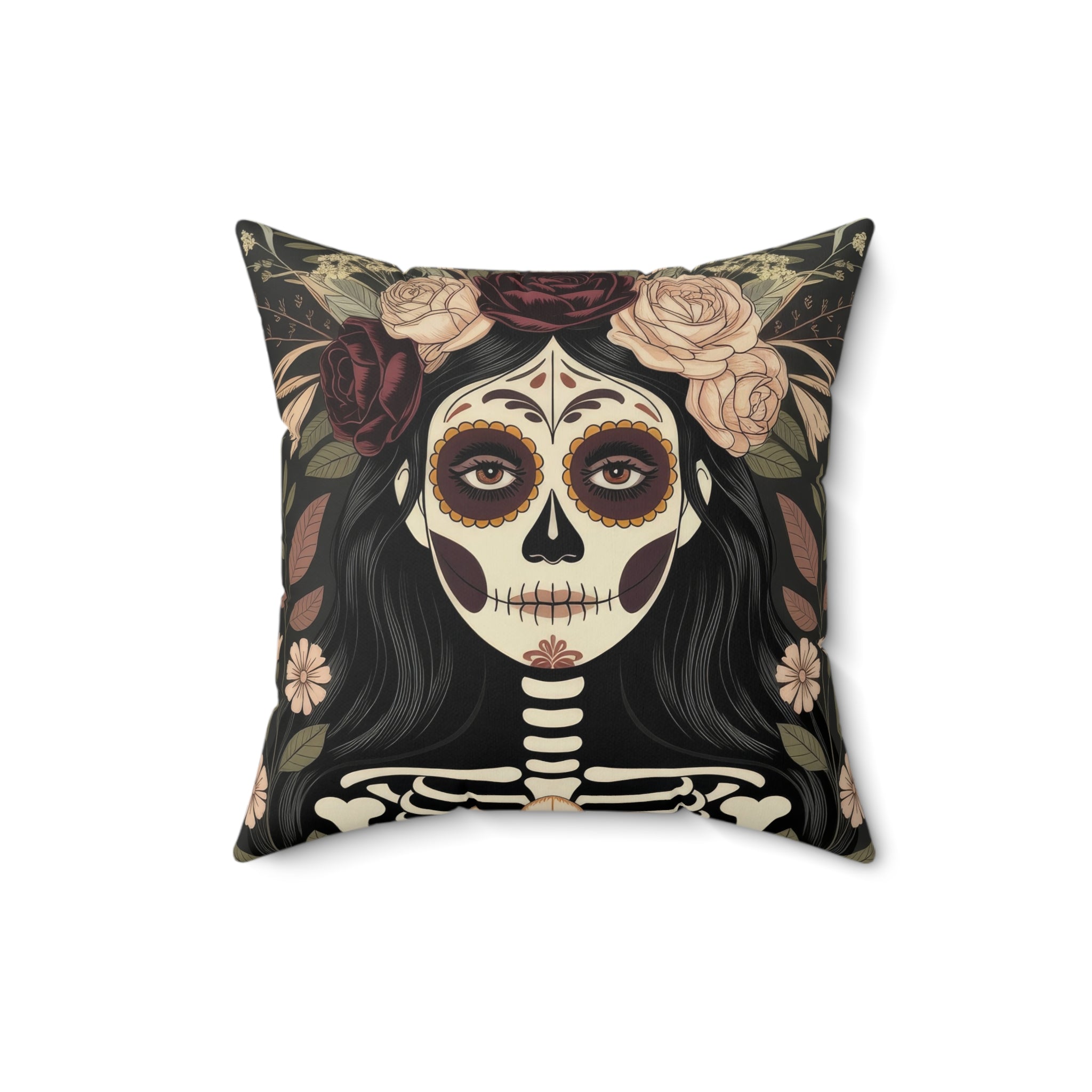 Gothic La Catrina Faux Suede Throw Pillow | Sugar Skull Dia de los Muertos Dark Boho Decor