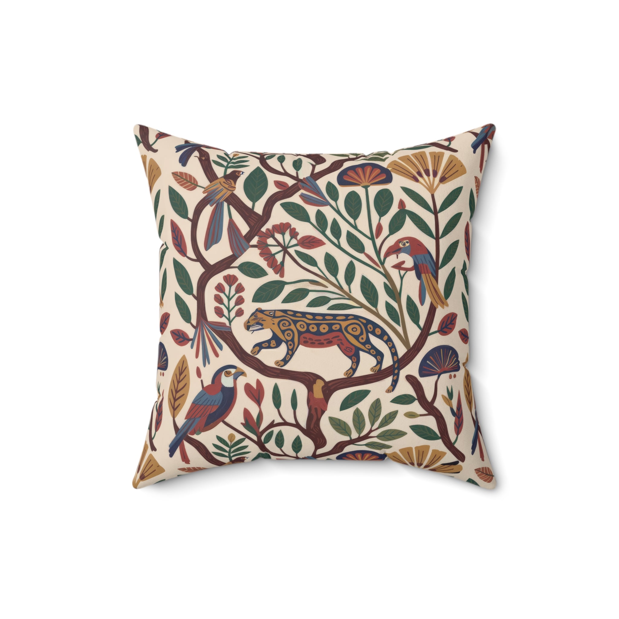 Folk Botanical Jaguar Throw Pillow, Faux Suede Decorative Pillow with Insert, Bohemian Nature Art Cushion
