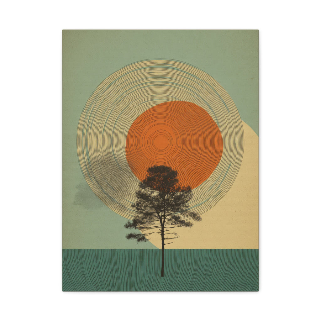 Tree Ring Wall Art | Mid Century Wall Art | Abstract Canvas Of Sun And Tree Nature Landscape