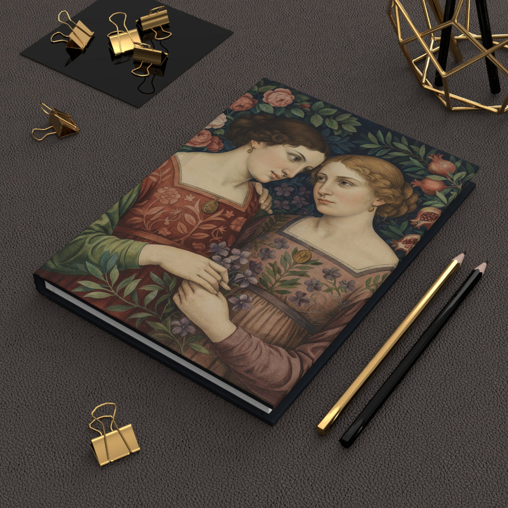 Sapphic Pre-Raphaelite hardcover journal styled on a writing desk