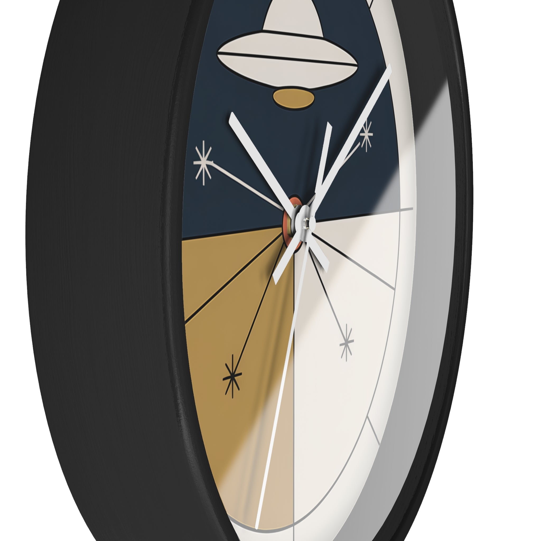 Mid Century Modern Clock, Geometric UFO Wall Clock, Atomic Constellation Design, Minimal Space Age Decor, Navy Cream Brass Clock