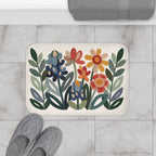 Texas wildflower bath mat with bluebonnets and colorful printed embroidery-look flowers in a bathroom
