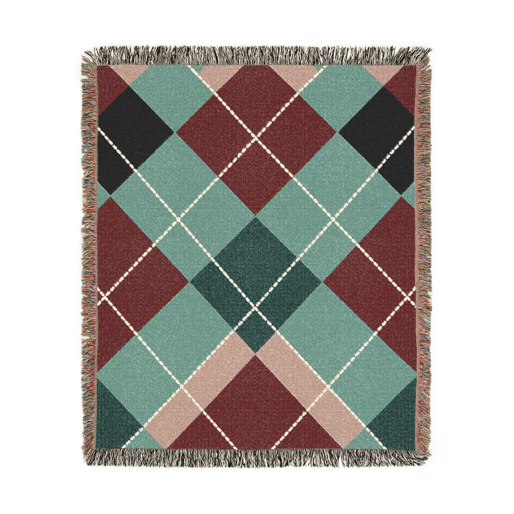Teal Burgundy Argyle Woven Blanket | Geometric Plaid Throw