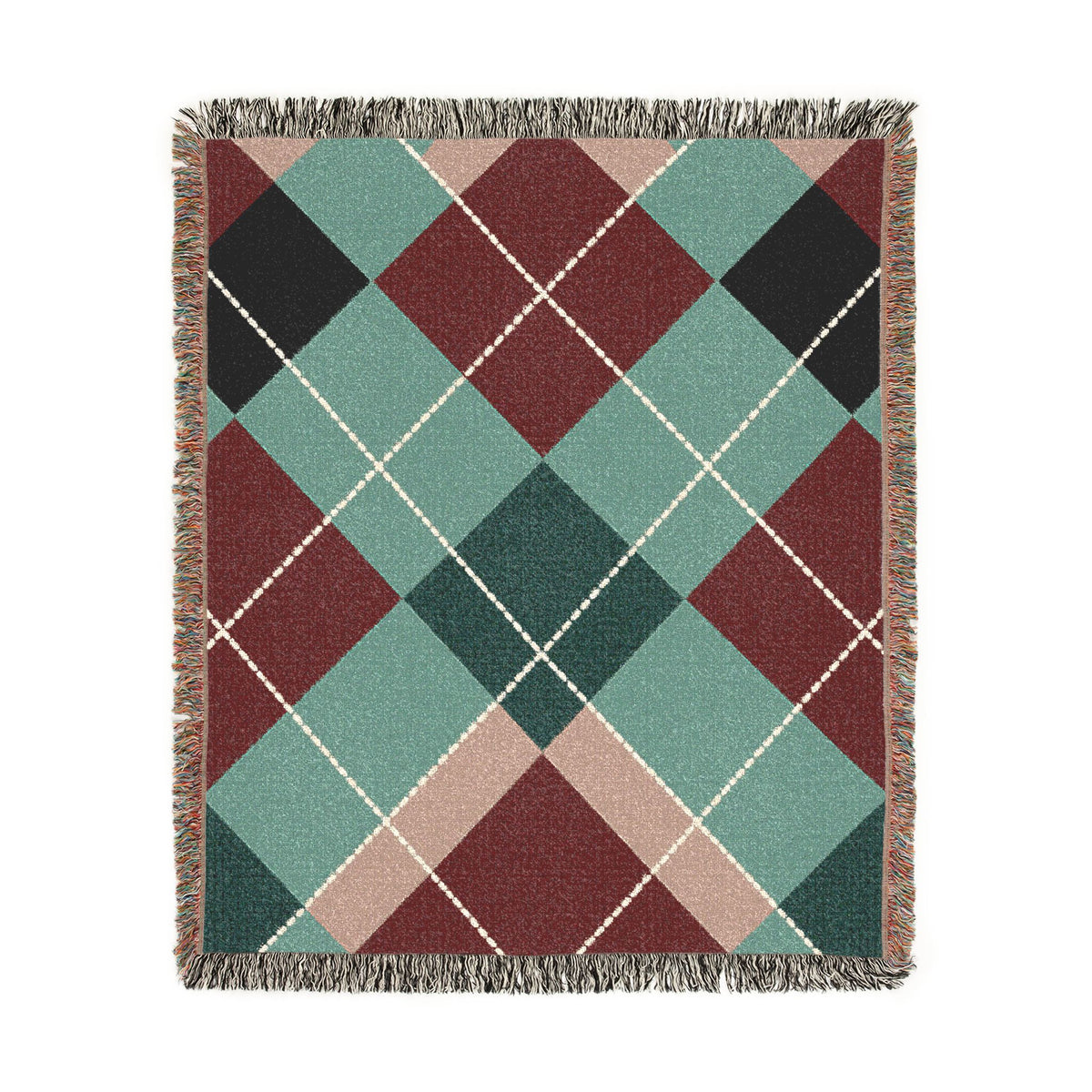 Teal Burgundy Argyle Woven Blanket | Geometric Plaid Throw