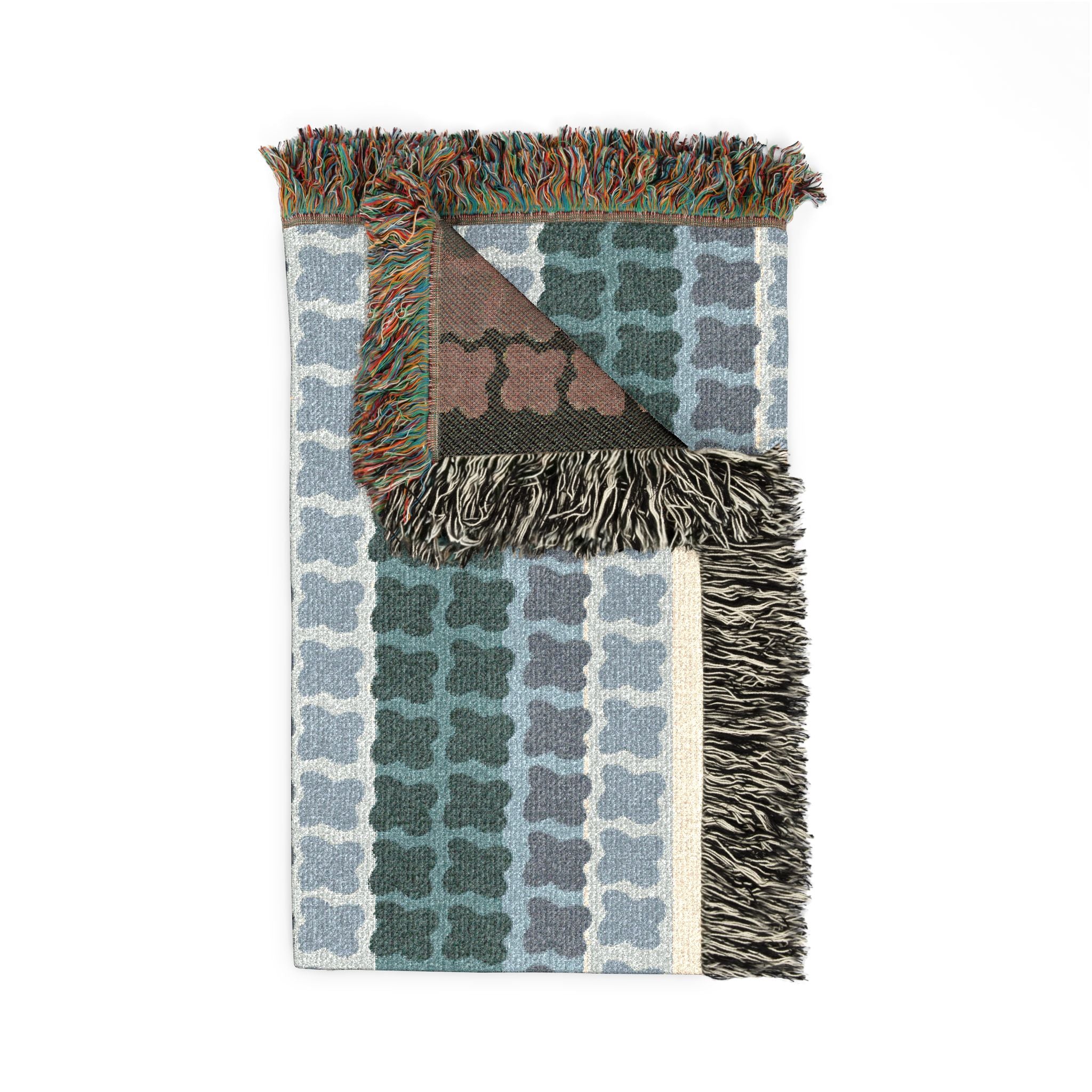 Mid Century Modern Cotton Throw Blanket | 1960s Inspired Geometric Pattern | Retro Green Sofa Throw with Fringe