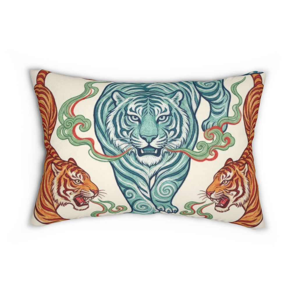 Teal Amber Chinoiserie Tiger Lumbar Pillow