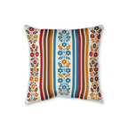 Scandinavian floral stripe faux linen pillow in rust, teal, ochre and cream