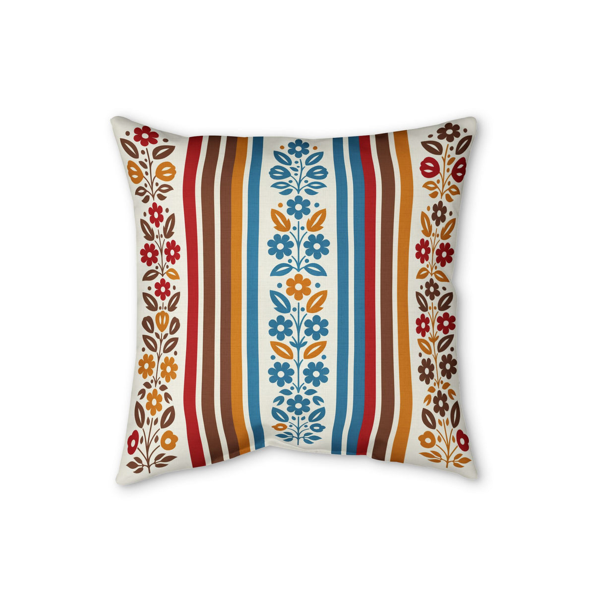 Scandinavian floral stripe faux linen pillow in rust, teal, ochre and cream