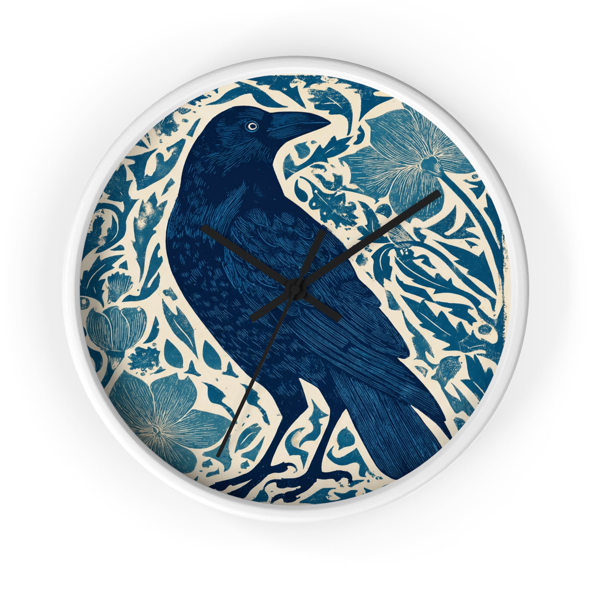Linocut Raven Floral Wall Clock | Woodblock Style Vine Pattern