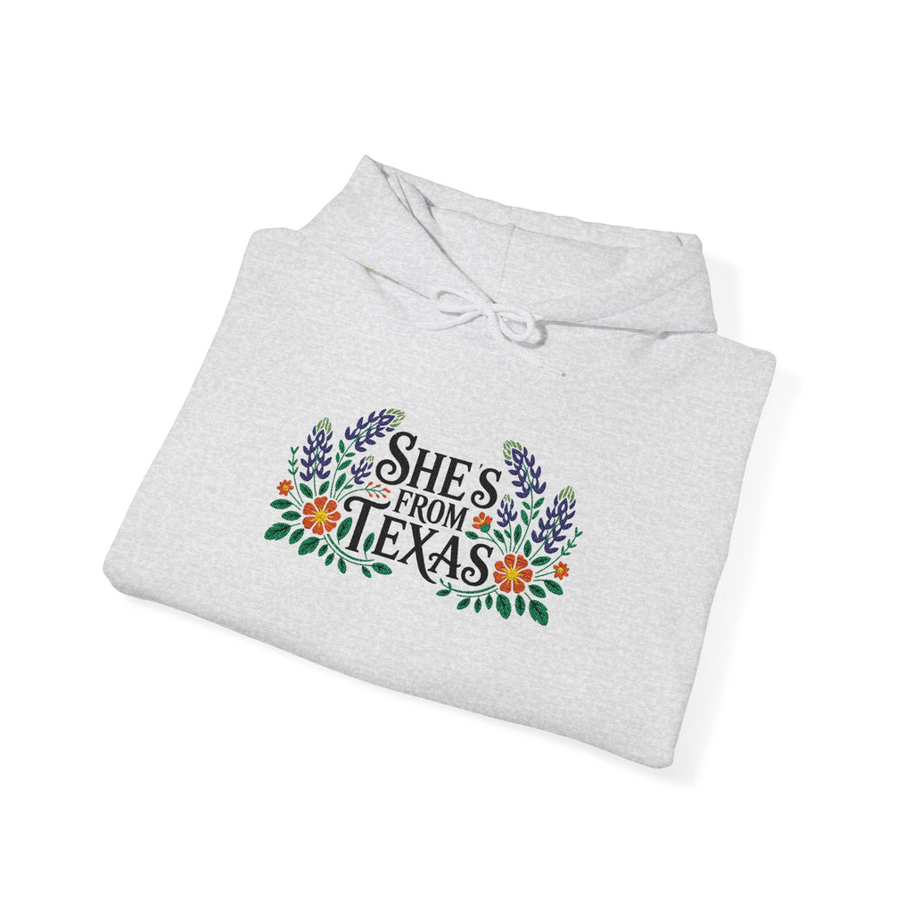 Embroidered Texas Hoodie, Shes From Texas Sweatshirt, Bluebonnet Floral Hoodie, Personalized Initial Sleeve Hoodie, Mothers Day Gift