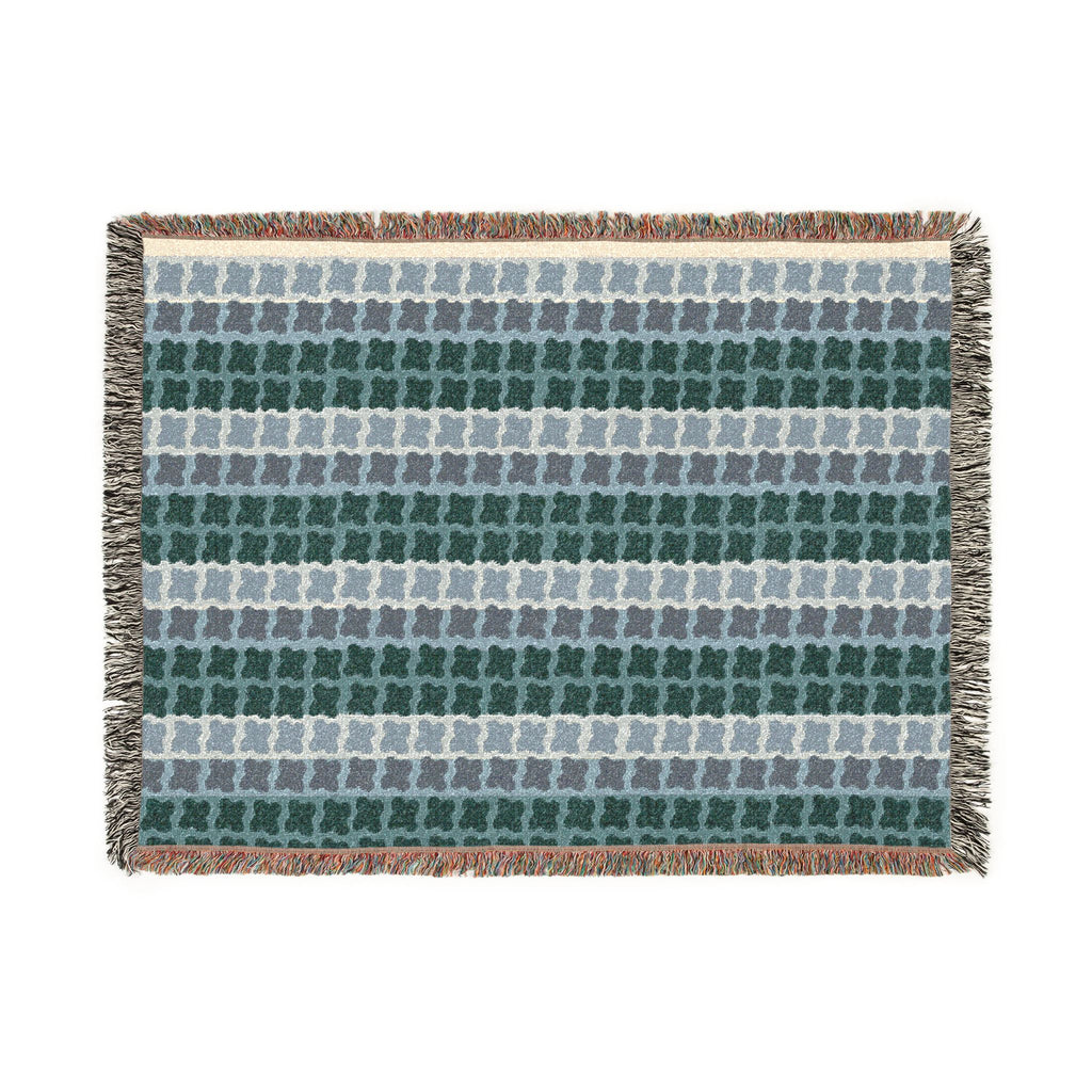 Mid Century Modern Cotton Throw Blanket | 1960s Inspired Geometric Pattern | Retro Green Sofa Throw with Fringe
