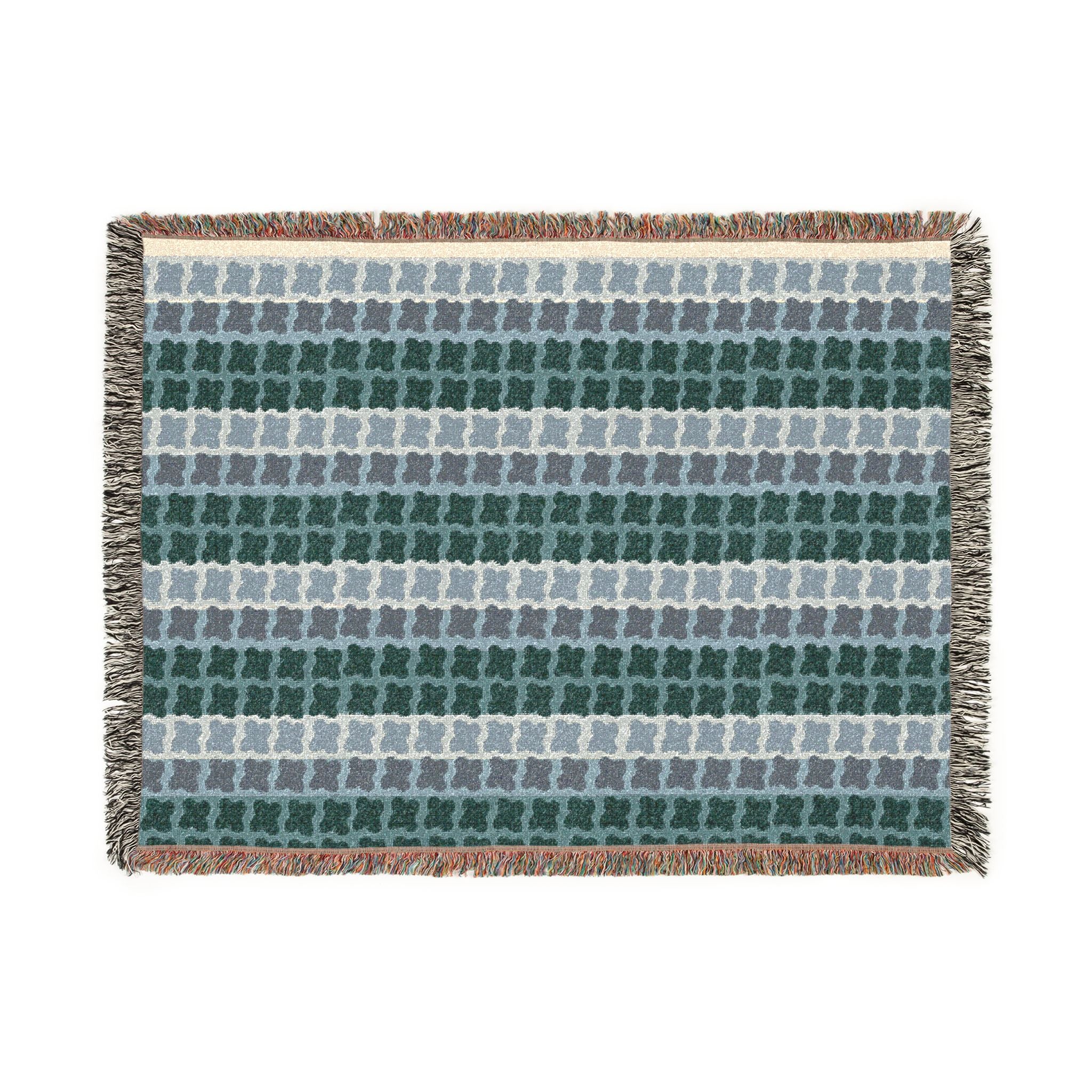 Mid Century Modern Cotton Throw Blanket | 1960s Inspired Geometric Pattern | Retro Green Sofa Throw with Fringe