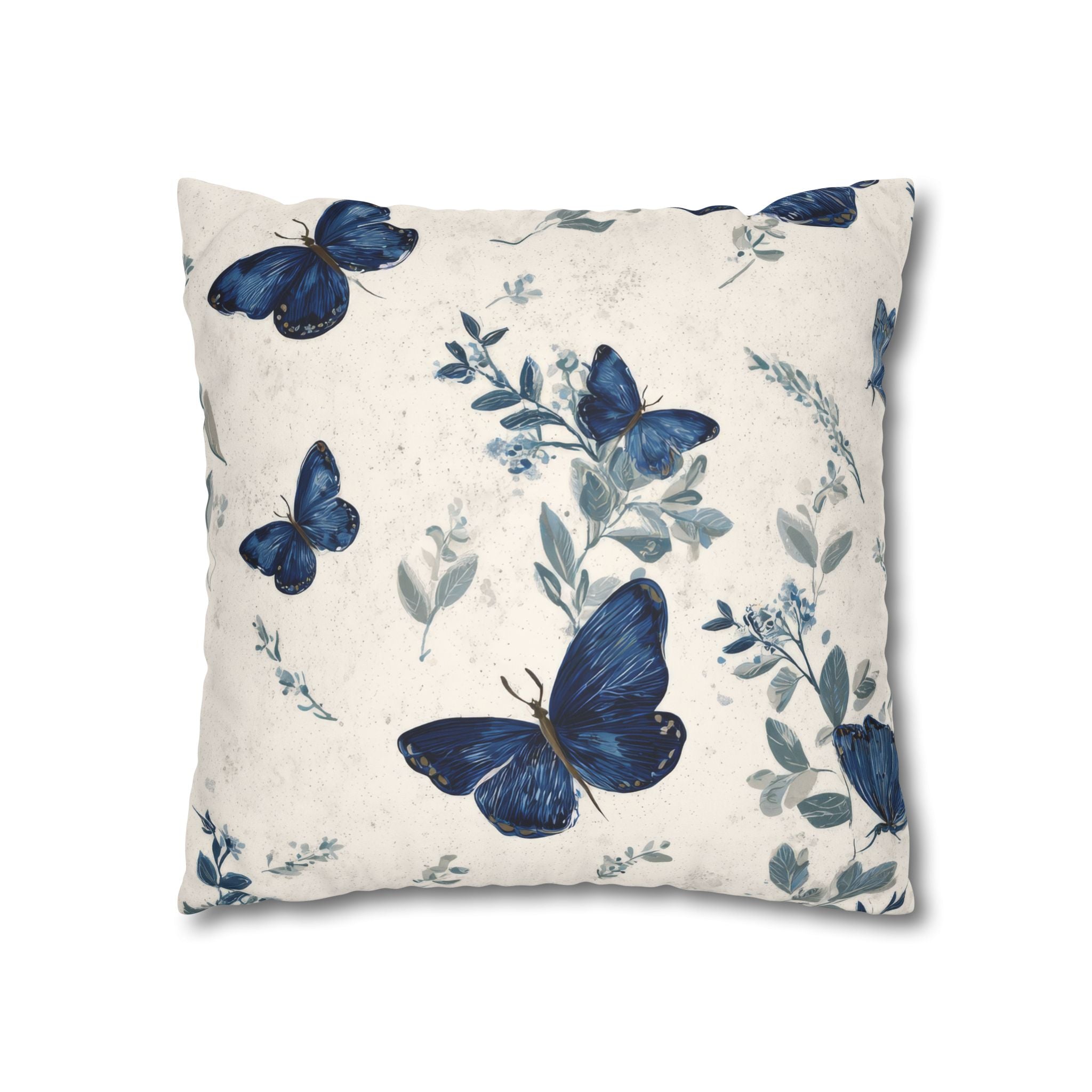 Blue Butterfly Botanical Faux Suede Pillowcase | Sapphire Cobalt Butterflies