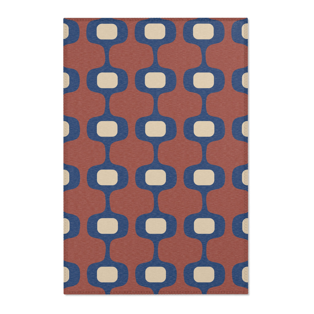 Mid-Century Geometric Area Rug | Retro Hourglass Pattern in Blue Terracotta Cream