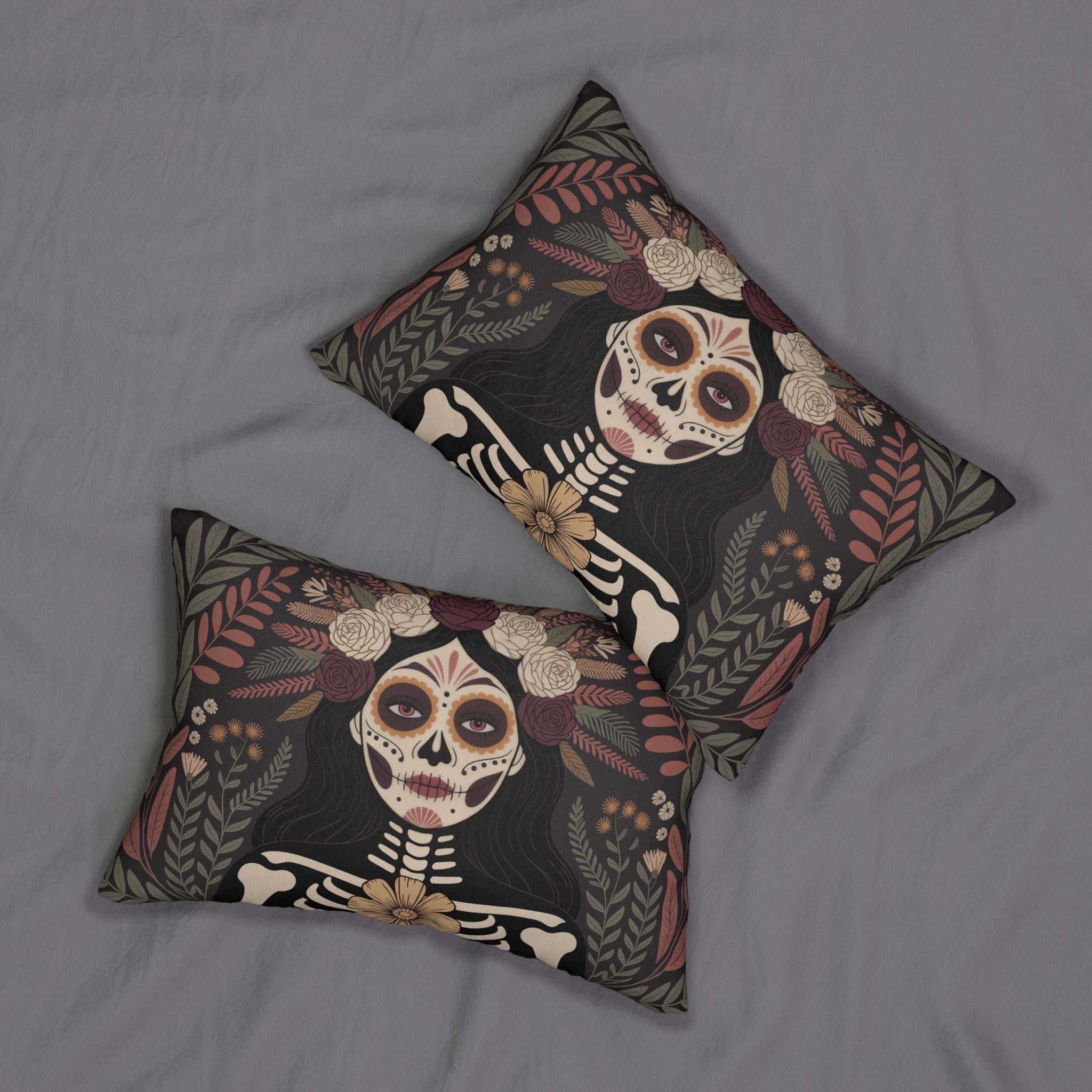 La Catrina Skull Gothic Lumbar Pillow | Day of the Dead Charcoal Burgundy